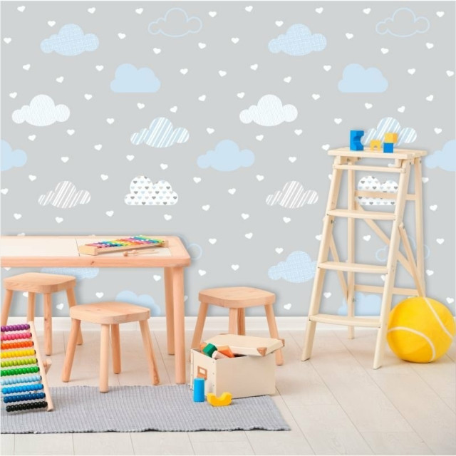 Papel de Parede Infantil Nuvens Cinza, Branco e Azul