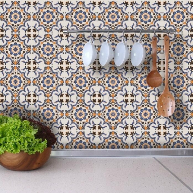 Papel de Parede Azulejo com Tons Azul, Laranja e Preto