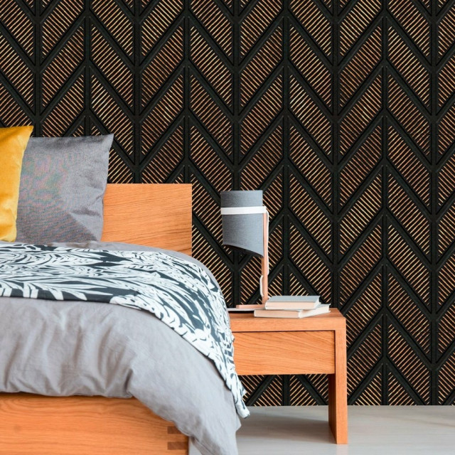 Papel de Parede Chevron 3D Preto e Bronze