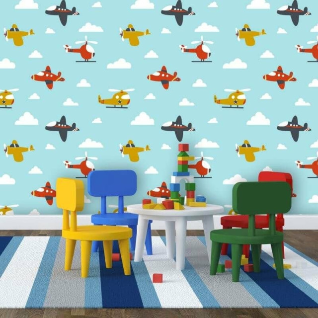 Papel de Parede Infantil Azul Avião