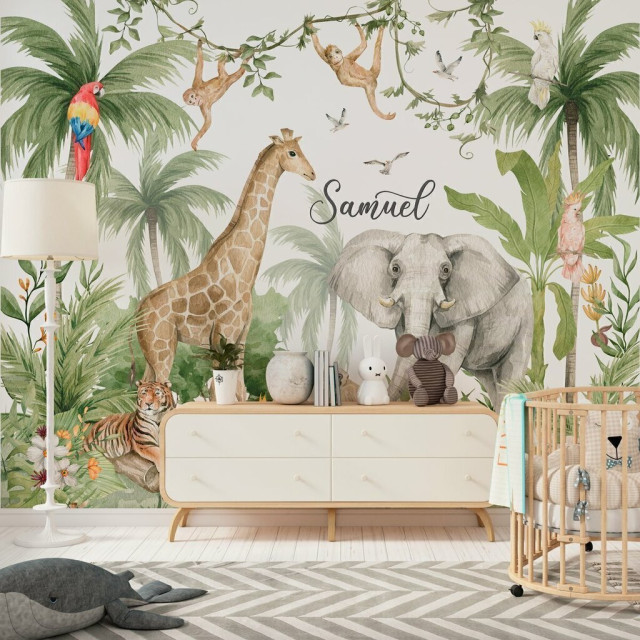 Papel de Parede Personalizado Selva dos Animais Safari Aquarela