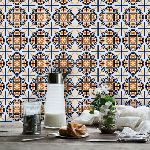 Adesivo de Azulejo Hidráulico Bege, Preto, Azul e Laranja