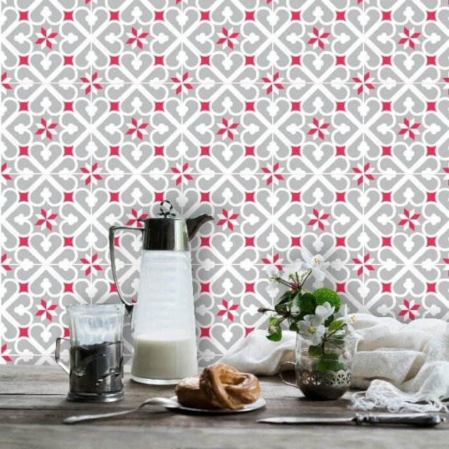 Papel de Parede Azulejo Cinza e Rosa