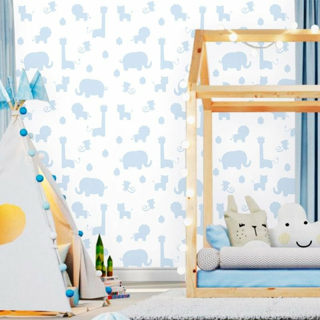 Papel de Parede Baby Safári Branco e Azul