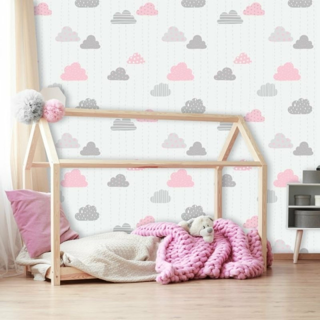 Papel de Parede Baby Nuvens Cute Cinza e Rosa