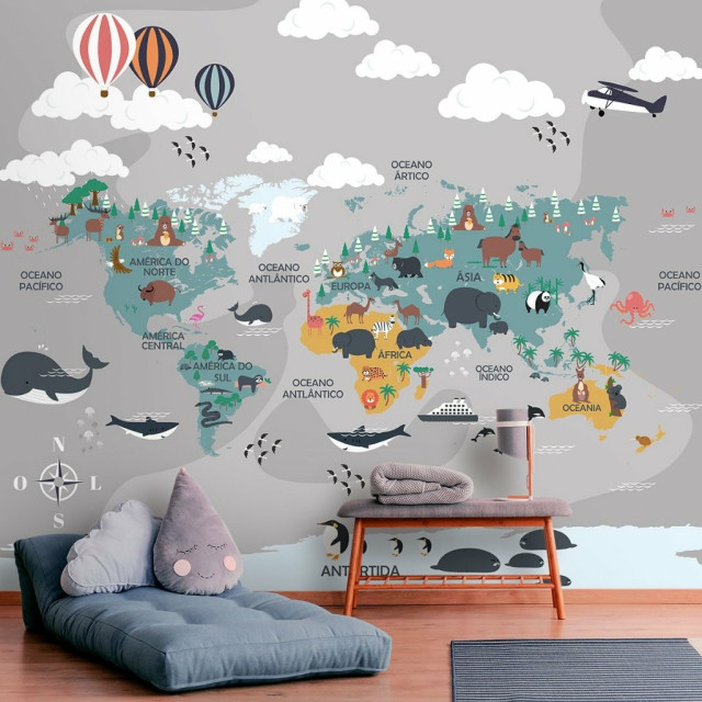 Papel De Parede Personalizado Mapa Múndi Com Animais Fofos