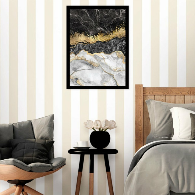 Quadro Decorativo Mármore Preto, Branco e Dourado