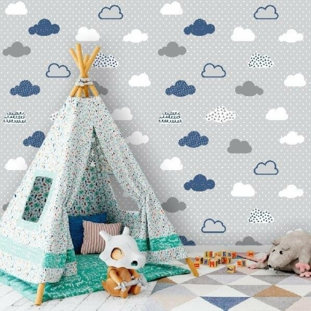 Papel de Parede Infantil Nuvens Cinza e Azul