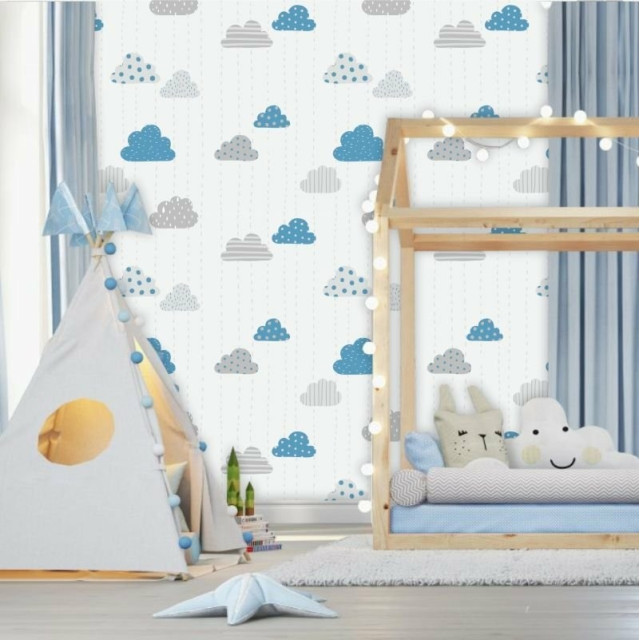 Papel de Parede Baby Nuvens Cute Cinza e Azul