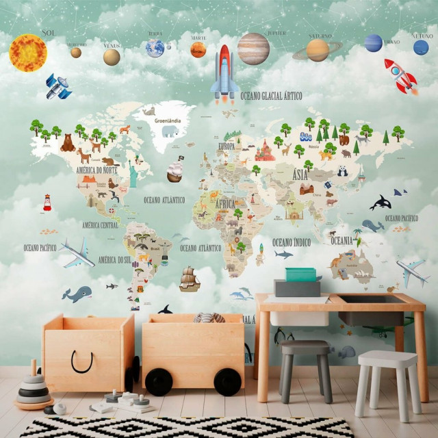 Papel De Parede Personalizado Mapa Mundi E Planetas