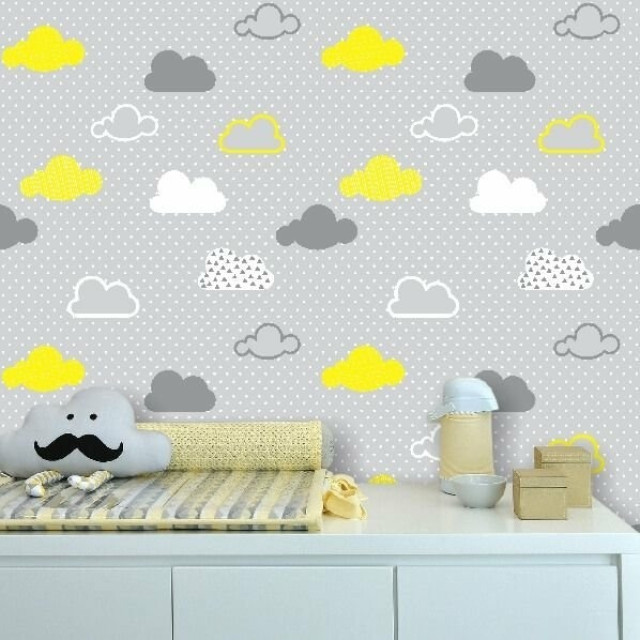 Papel de Parede Infantil Nuvens Cinza e Amarelo