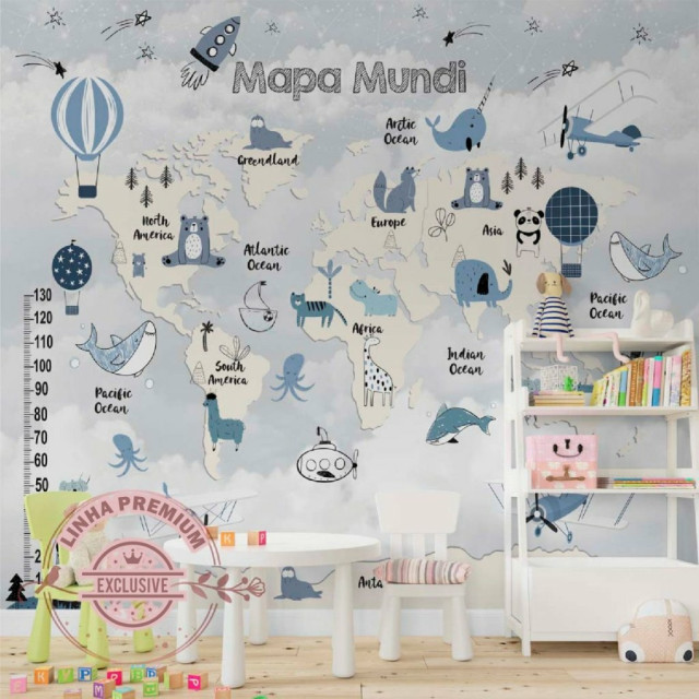 Papel De Parede Personalizado Mapa Mundi Azul E Branco Gelo