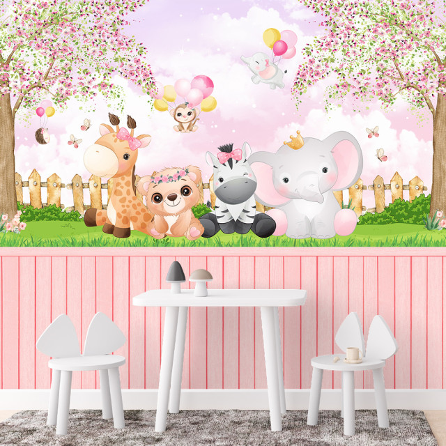 Papel de Parede Personalizado Animais Cute com Cercadinho Rosa