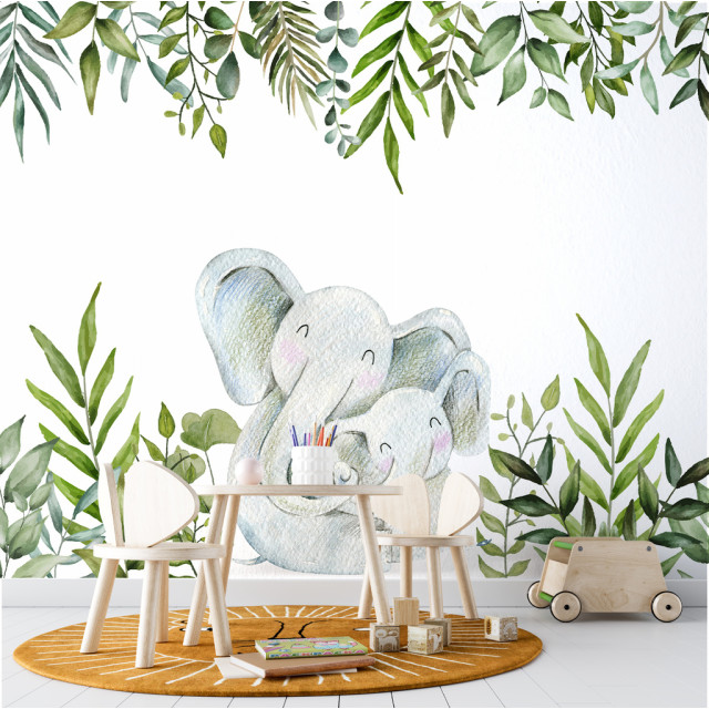 Papel de Parede Personalizado Mamãe Elefante e seu Filhote