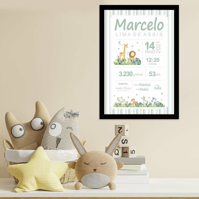 Quadro Nascimento Bebê Personalizado Safari Animais