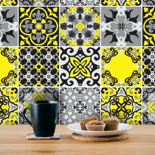 Adesivo de Azulejo Hidráulico Cinza, Preto e Amarelo