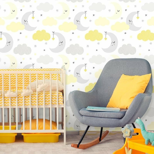 Papel de Parede Baby Nuvens e Lua Cinza e Amarelo