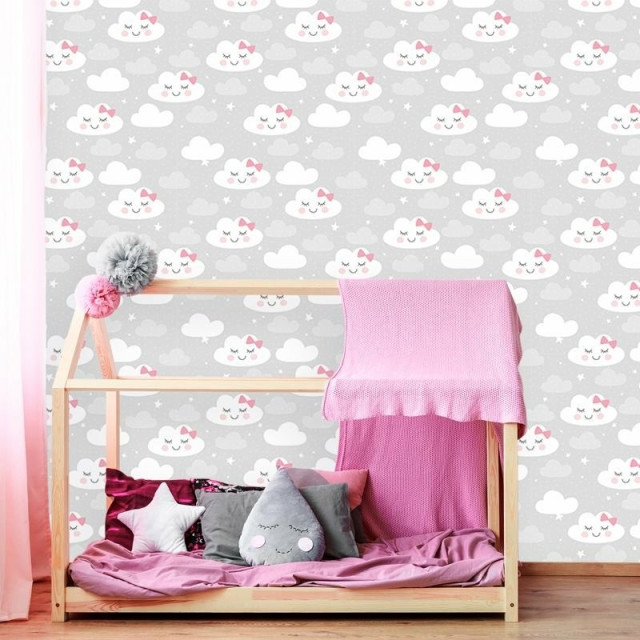 Papel de Parede Baby Nuvens Cute fundo Cinza