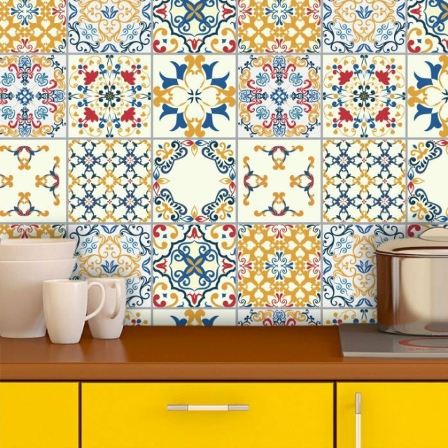 Adesivo de Azulejo Hidráulico em Tons de Azul, Amarelo e Vermelho