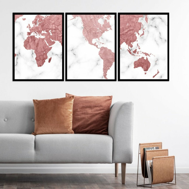 Kit Quadro Decorativo Mapa Mundi Rose Gold Marble