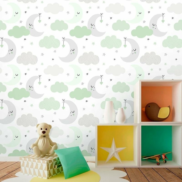 Papel de Parede Baby Nuvens e Lua Cinza e Verde