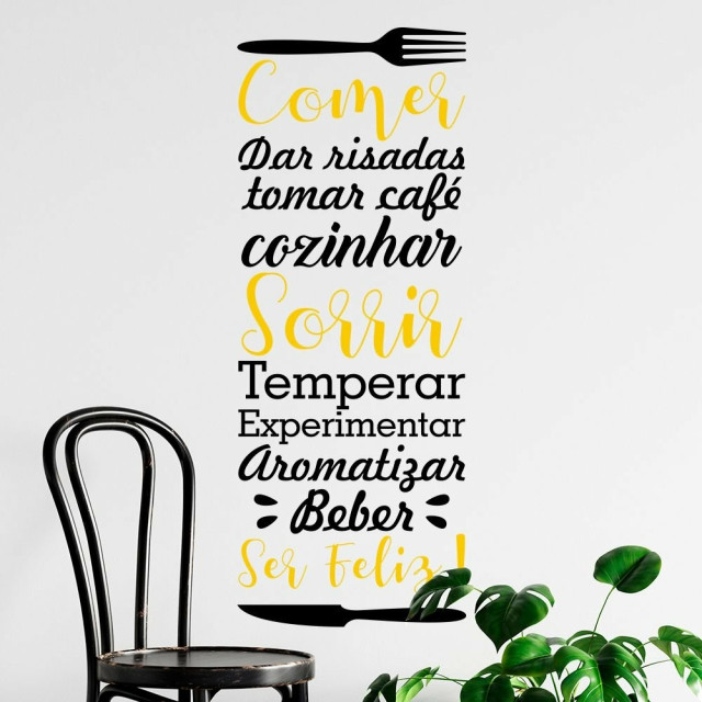 Adesivo Decorativo Frase "Comer, Sorrir e ser Feliz