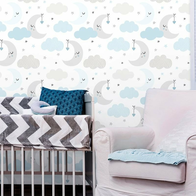 Papel de Parede Baby Nuvens e Lua Cinza e Azul